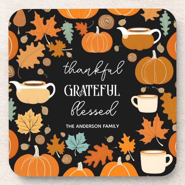 Thanksgiving retro midcentury pumpkins maple leave beverage coaster (Front)