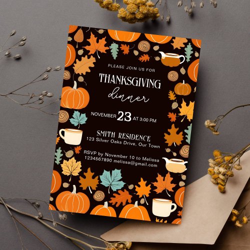 Thanksgiving retro style pumpkins maple leaves invitation