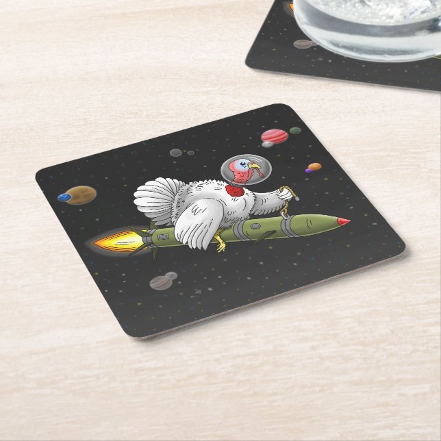 Thanksgiving Rocket Turkey Square Paper Coaster (Angled)