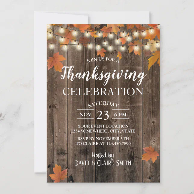 Thanksgiving Rustic Autumn Leaves & String Lights Invitation | Zazzle