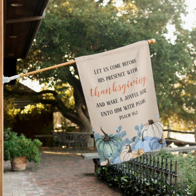 Thanksgiving Rustic Blue Pumpkins Scripture Beige House Flag (In SItu)