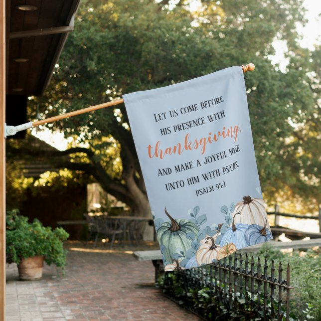 Thanksgiving Rustic Blue Pumpkins Scripture House Flag (In SItu)