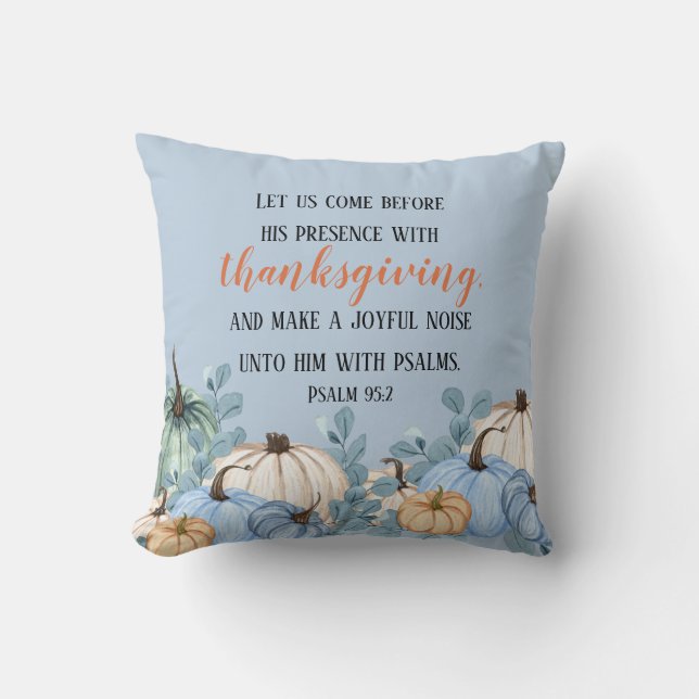 Thanksgiving Rustic Blue Pumpkins Scripture Throw Pillow (Front)