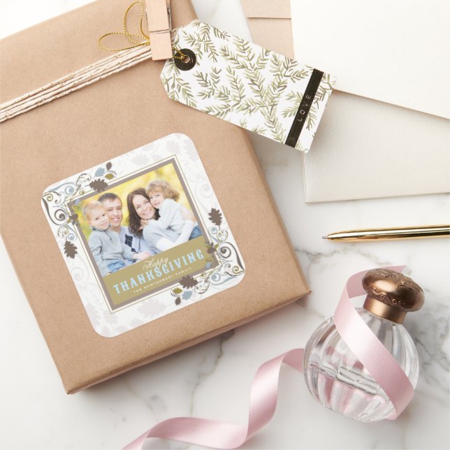 Thanksgiving Rustic Fall / Autumn Leaves Photo Square Sticker (Gifting)