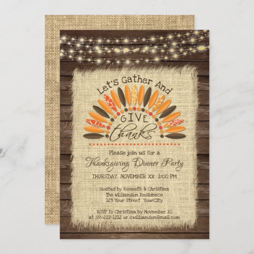 Thanksgiving Rustic Wood Burlap  String Lights Invitation