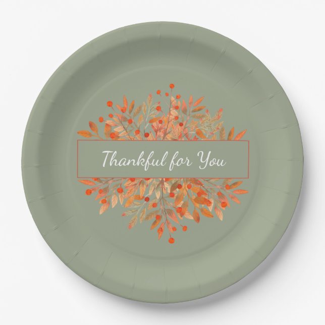 Thanksgiving Sage Green Fall Foliage  Paper Plates (Front)