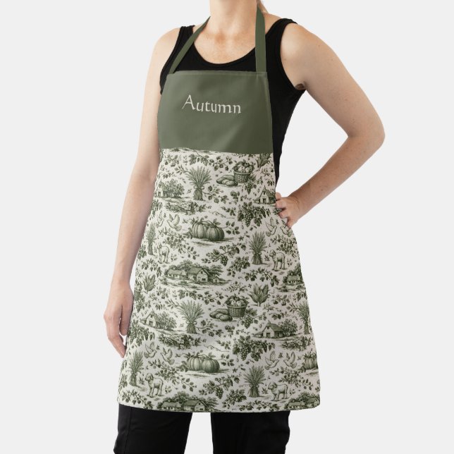 Thanksgiving Sage Green Harvest Toile Personalized Apron (Insitu)