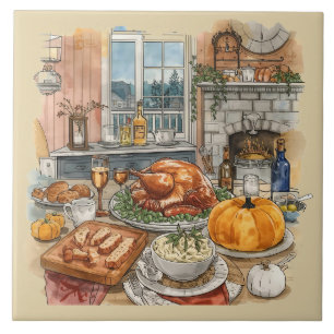 Thanksgiving,Scandinavian Style, Family Gathering Ceramic Tile