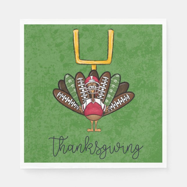 Thanksgiving Script Turkey Football Feathers Green Napkins (Front)