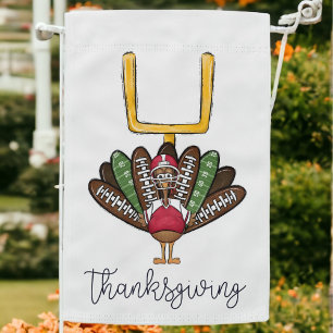Thanksgiving Script Turkey Football Feathers White Garden Flag