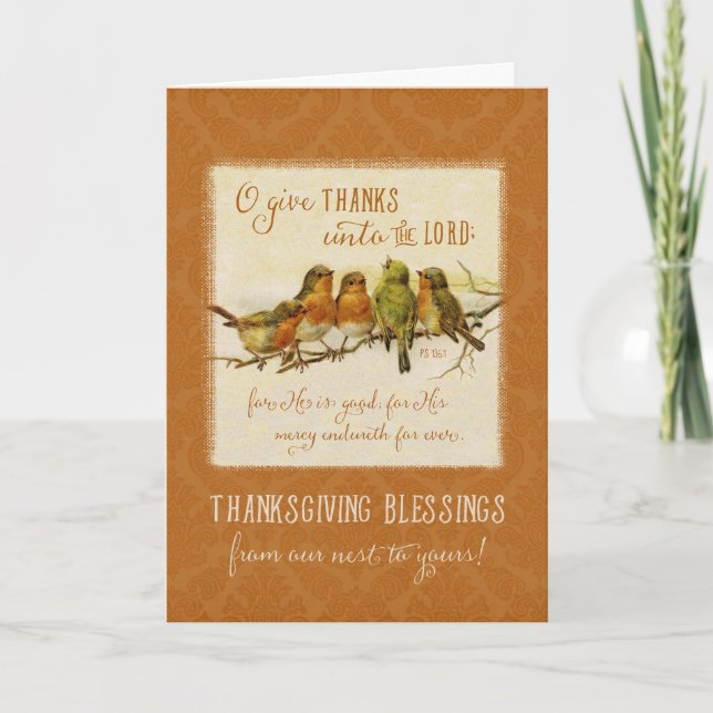 Thanksgiving Scripture Vintage Birds Holiday Card (Front)