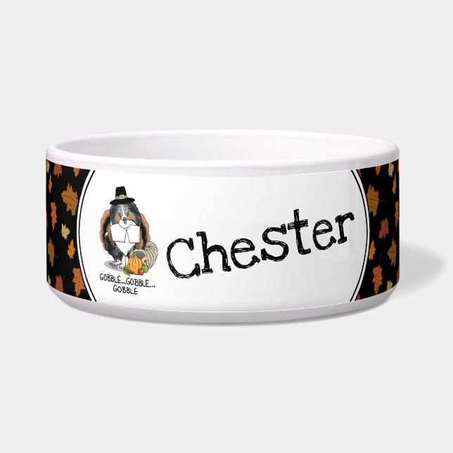 Thanksgiving Shetland Sheepdog (blue merle) Funny Bowl (Front)