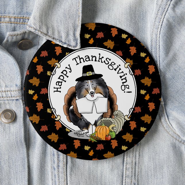 Thanksgiving Shetland Sheepdog (blue merle) Funny Button (In Situ)