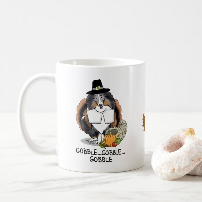 Thanksgiving Shetland Sheepdog (blue merle) Funny Coffee Mug (With Donut)