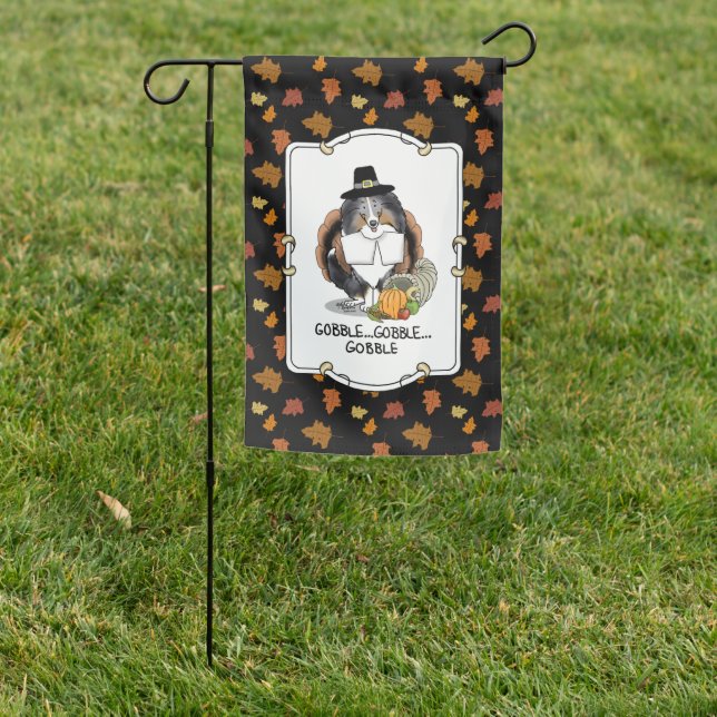 Thanksgiving Shetland Sheepdog (blue merle) Funny Garden Flag (In SItu)