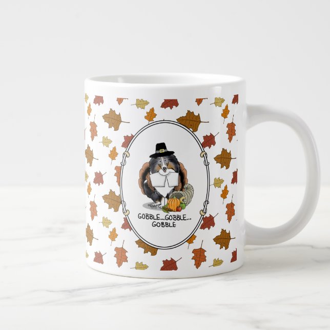 Thanksgiving Shetland Sheepdog (blue merle) Funny Giant Coffee Mug (Right)