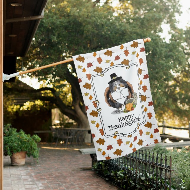 Thanksgiving Shetland Sheepdog (blue merle) Funny House Flag (In SItu)