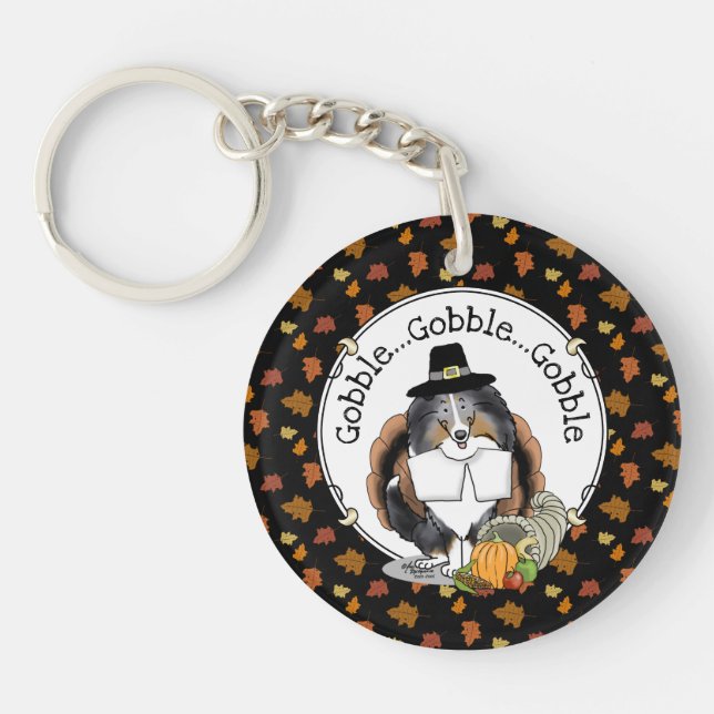 Thanksgiving Shetland Sheepdog (blue merle) Funny Keychain (Front)