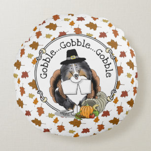 Thanksgiving Shetland Sheepdog (blue merle) Funny Round Pillow