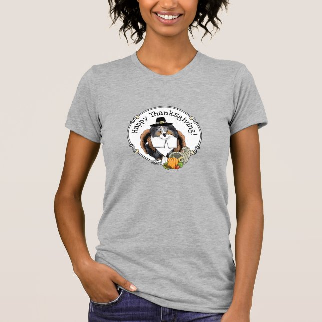 Thanksgiving Shetland Sheepdog (blue merle) Funny T-Shirt (Front)