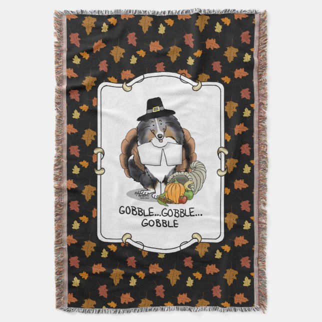 Thanksgiving Shetland Sheepdog (blue merle) Funny Throw Blanket (Front Vertical)