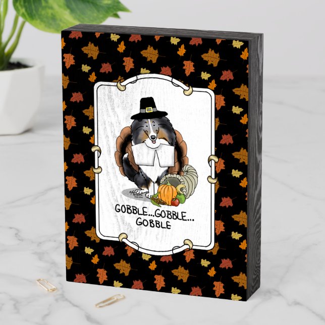 Thanksgiving Shetland Sheepdog (blue merle) Funny Wooden Box Sign (In Situ Vertical)