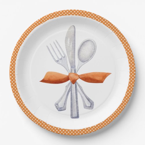 Thanksgiving Silverware with Orange Bow Paper Plates