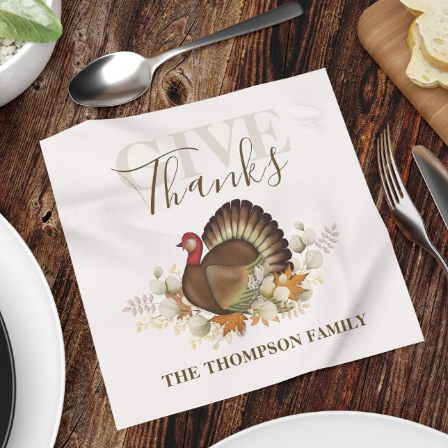 Thanksgiving Simple Turkey Elegant Give Thanks Napkins (Give thanks Holiday thanksgiving napkin.)