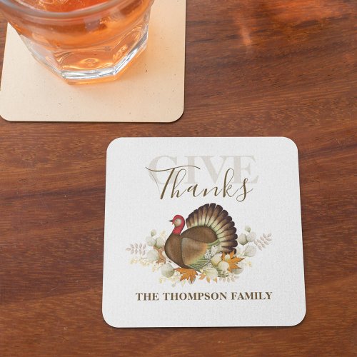 Thanksgiving Simple Turkey Elegant Give Thanks Square Paper Coaster