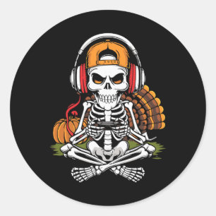 Thanksgiving Skeleton Gamer Video Gaming Boys Men Classic Round Sticker