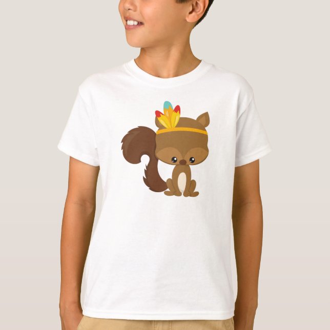 Thanksgiving Squirrel, Brown Squirrel, Feathers T-Shirt (Front)