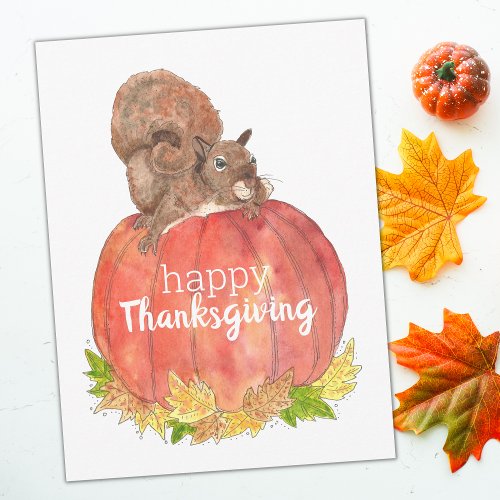 Thanksgiving Squirrel on Pumpkin Postcard