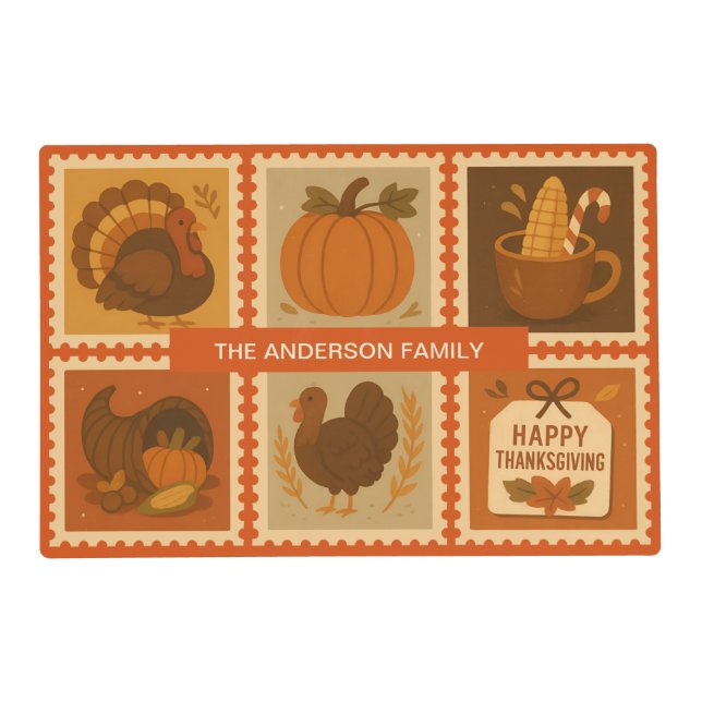 Thanksgiving Stamp Collage Personalized Placemat (Front)
