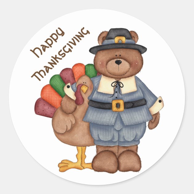 Thanksgiving Stickers/Pilgrim Bear And Turkey Classic Round Sticker