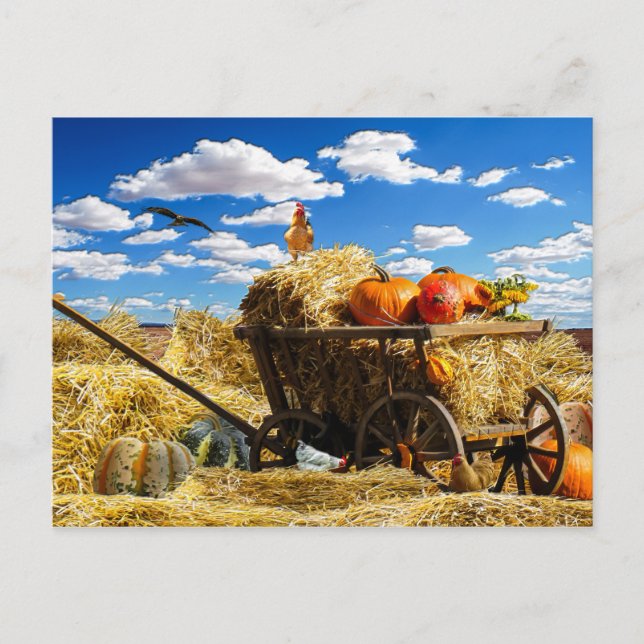 Thanksgiving Straw Wagon in the Field Holiday Postcard (Front)