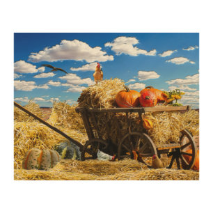 Thanksgiving Straw Wagon in the Field Wood Wall Art