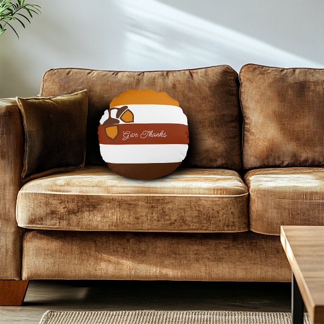 Thanksgiving Stripes and Acorns Round Pillow (Creator Uploaded)