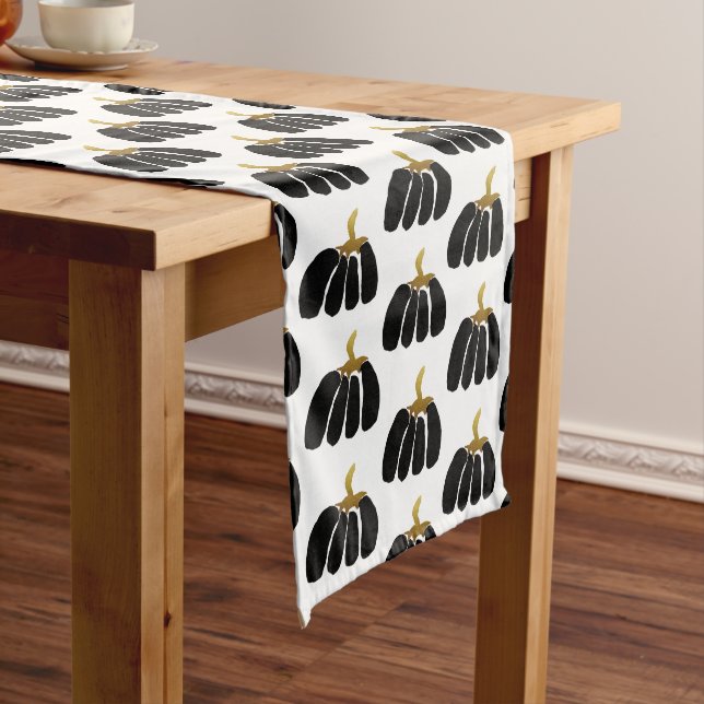 Thanksgiving Stylized Black Pumpkins and Gold Long Table Runner (In Situ)