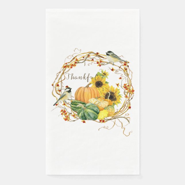 Thanksgiving Sunflower Floral Thanks Fall Pumpkin Paper Guest Towels (Front)