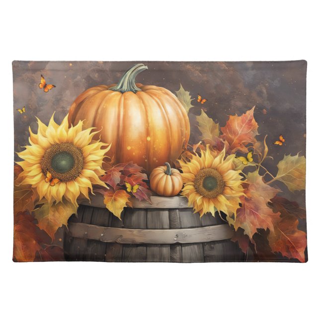 Thanksgiving Sunflowers Fall Foliage Pumpkin Cloth Placemat (Front)