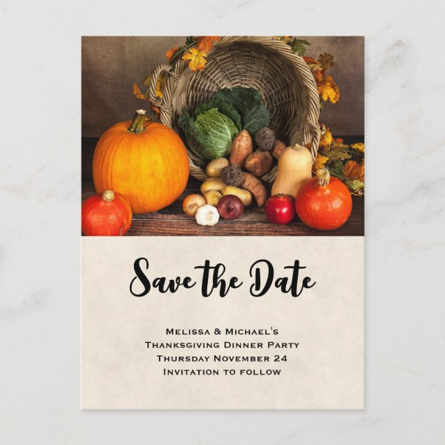 Thanksgiving Table Bountiful Harvest Save the Date Invitation Postcard (Front)
