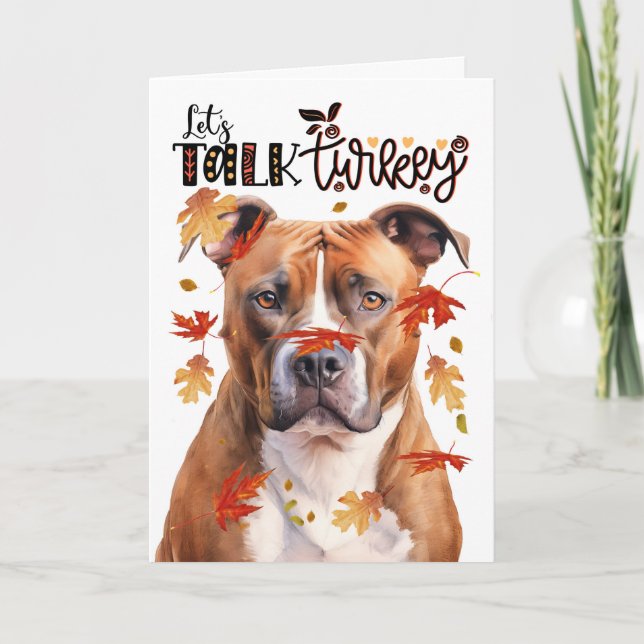 Thanksgiving Tan Pitbull Dog Let's Talk Turkey Holiday Card (Front)