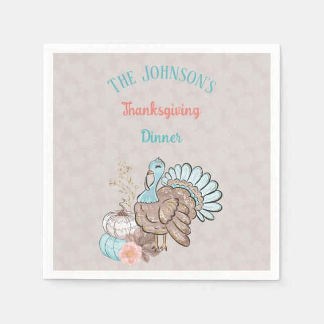 Thanksgiving Taupe Aqua Coral Pumpkins Turkey Napkins (Front)