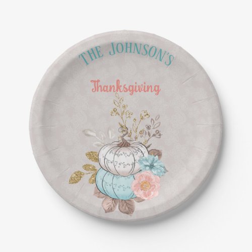 Thanksgiving Taupe Aqua Coral Pumpkins Turkey Paper Plates