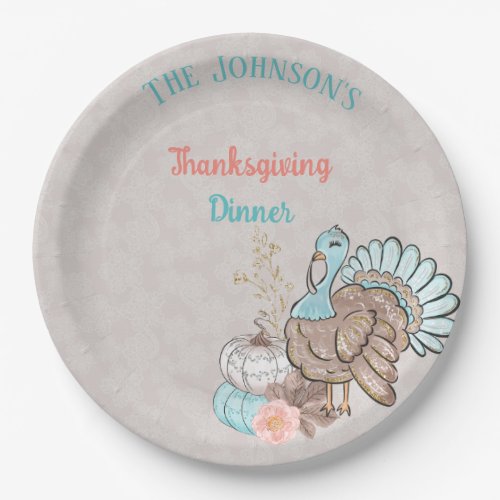 Thanksgiving Taupe Aqua Coral Pumpkins Turkey Paper Plates