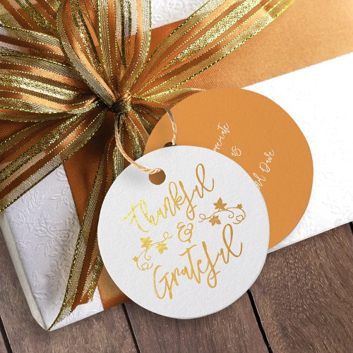 Thanksgiving thankful and grateful vine leaves foil favor tags