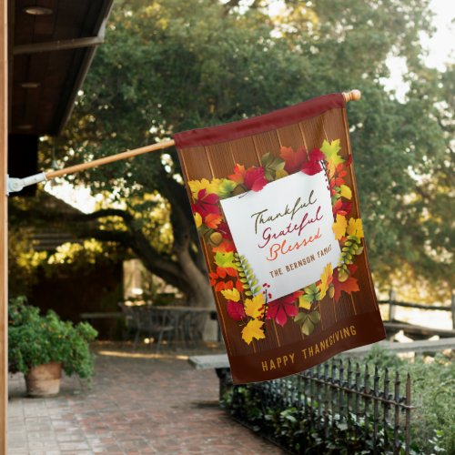 Thanksgiving Thankful Autumn Leaves Rustic House Flag