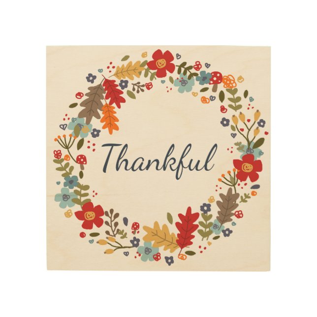 Thanksgiving Thankful Fall Wreath Wood Wall Art (Front)