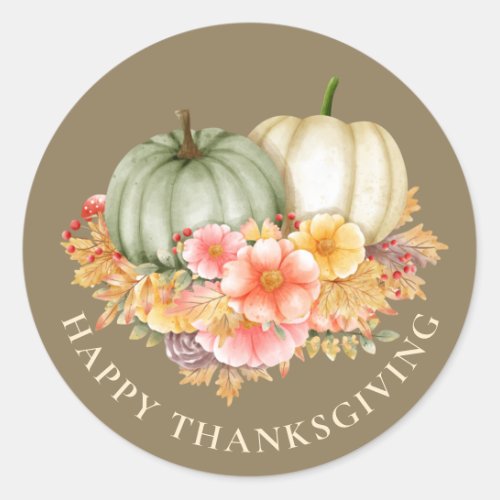 Thanksgiving Thankful floral pumpkins brown Classic Round Sticker