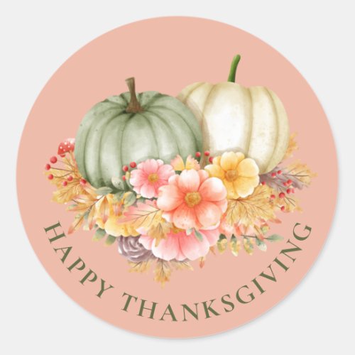 Thanksgiving Thankful floral pumpkins pink Classic Round Sticker